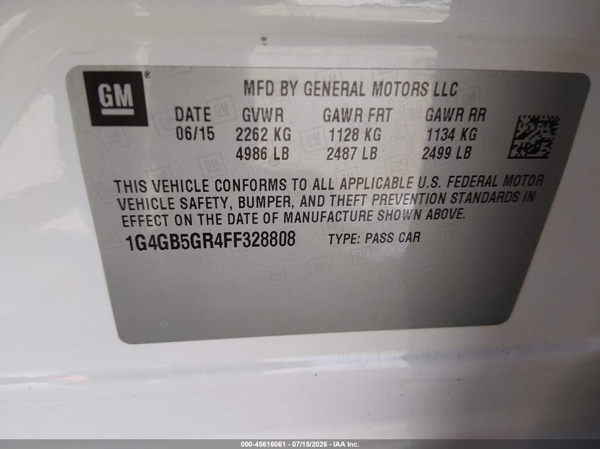 2015 Buick Lacrosse Leather VIN: 1G4GB5GR4FF328808 Lot: 45616061