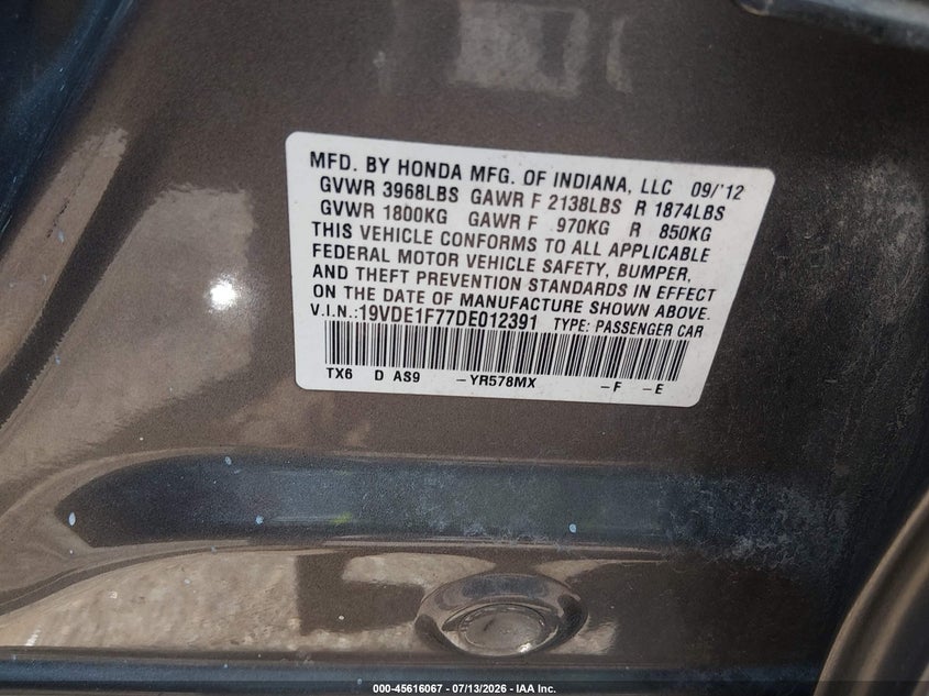 2013 Acura Ilx 2.0L VIN: 19VDE1F77DE012391 Lot: 45616067