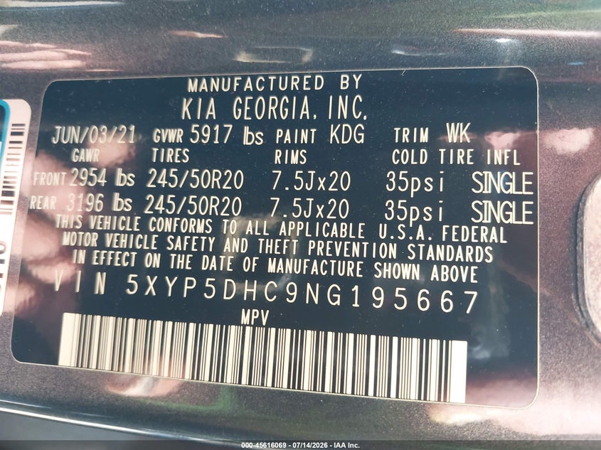 2022 Kia Telluride Sx VIN: 5XYP5DHC9NG195667 Lot: 45616069