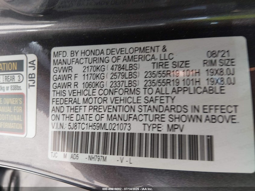 2021 Acura Rdx Technology Package VIN: 5J8TC1H59ML021073 Lot: 45616082