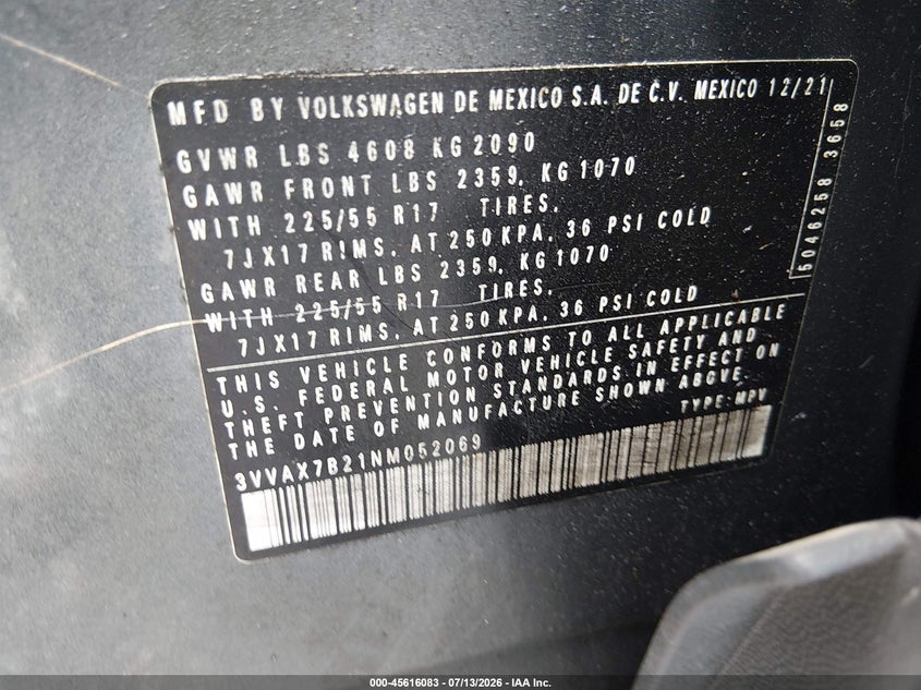 2022 Volkswagen Taos 1.5T S VIN: 3VVAX7B21NM052069 Lot: 45616083