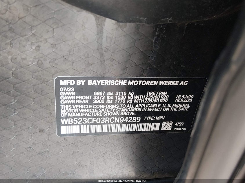 2024 BMW Ix xDrive50 VIN: WB523CF03RCN94289 Lot: 45616094