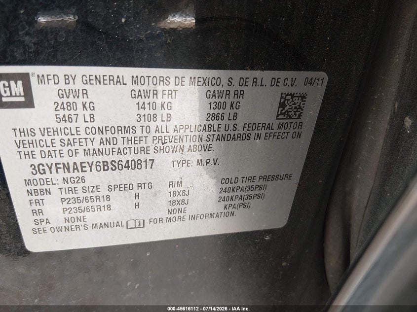 2011 Cadillac Srx Luxury Collection VIN: 3GYFNAEY6BS640817 Lot: 45616112