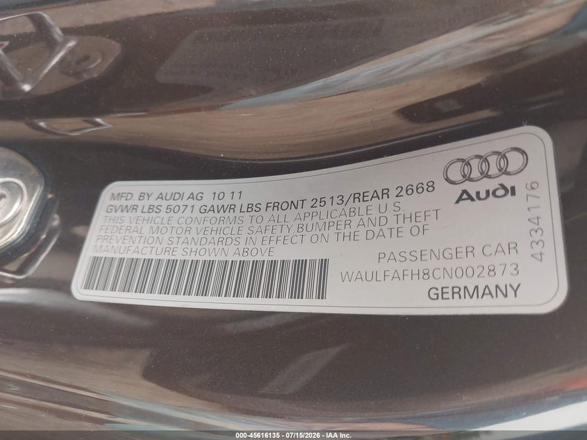 2012 Audi A5 2.0T Premium VIN: WAULFAFH8CN002873 Lot: 45616135