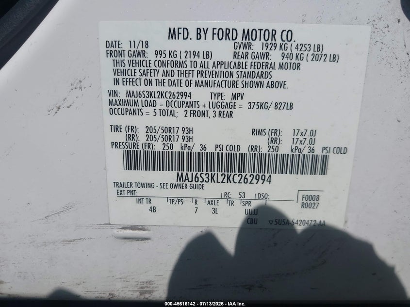 2019 Ford Ecosport Titanium VIN: MAJ6S3KL2KC262994 Lot: 45616142