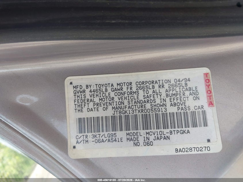 1994 Lexus Es 300 VIN: JT8GK13TXR0055913 Lot: 45616159