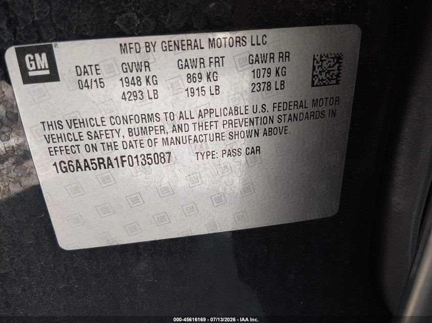 2015 Cadillac Ats Standard VIN: 1G6AA5RA1F0135087 Lot: 45616169