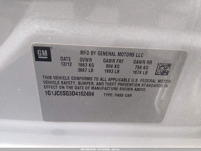 2013 Chevrolet Sonic Lt Auto VIN: 1G1JC6SG3D4162494 Lot: 45616185
