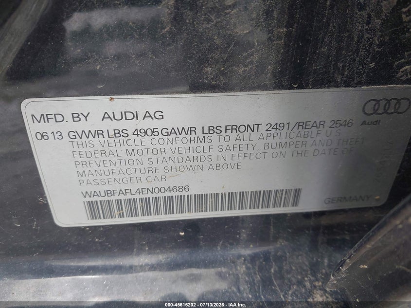 2014 Audi A4 2.0T Premium VIN: WAUBFAFL4EN004686 Lot: 45616202