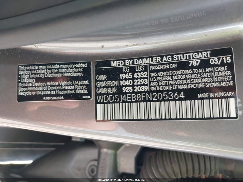 2015 Mercedes-Benz Cla 250 VIN: WDDSJ4EB8FN205364 Lot: 45616232