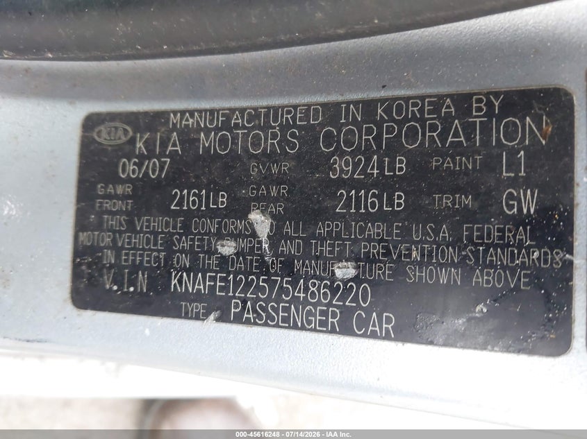 2007 Kia Spectra Ex VIN: KNAFE122575486220 Lot: 45616248