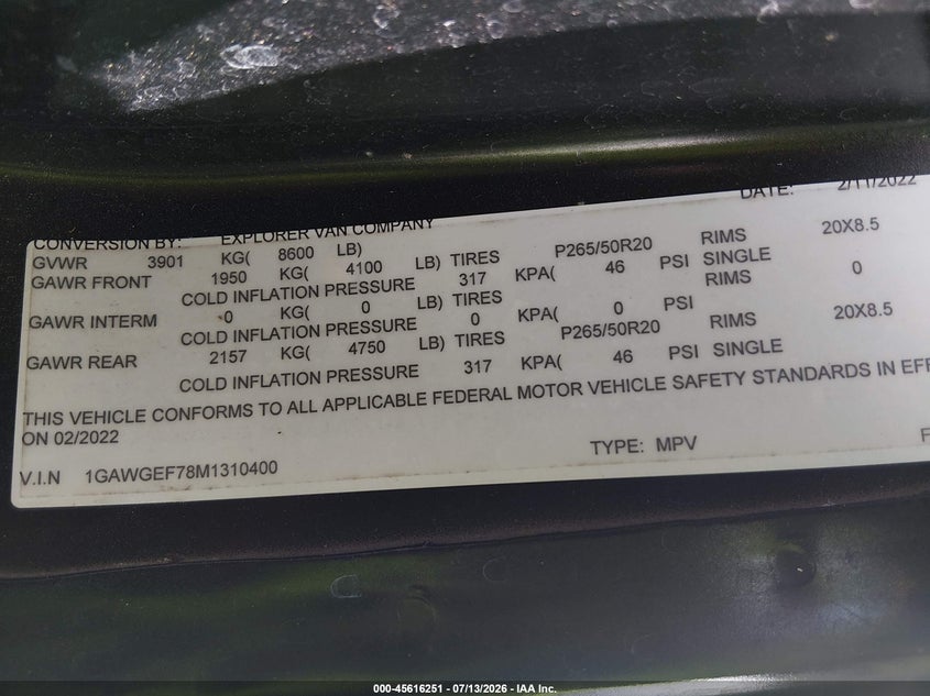 2021 Chevrolet Express Passenger Rwd 2500 Regular Wheelbase Ls VIN: 1GAWGEF78M1310400 Lot: 45616251