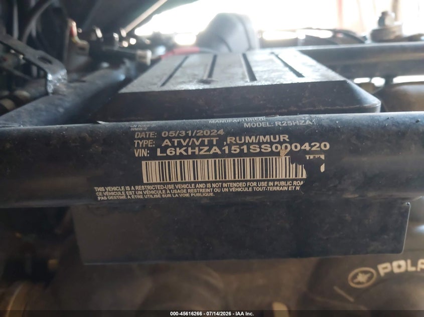 2025 Polaris Ranger 150 VIN: L6KHZA151SS000420 Lot: 45616266