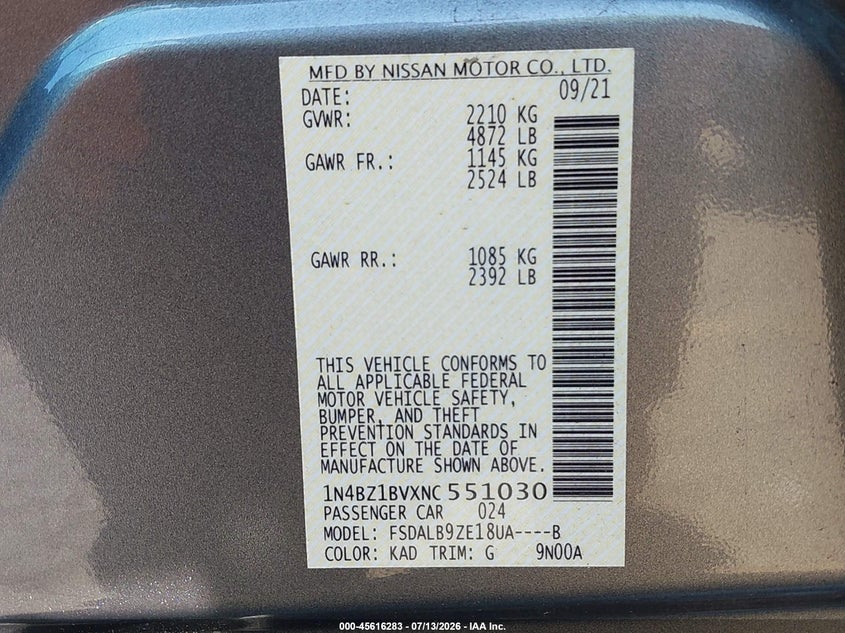 2022 Nissan Leaf S Plus 62 Kwh VIN: 1N4BZ1BVXNC551030 Lot: 45616283