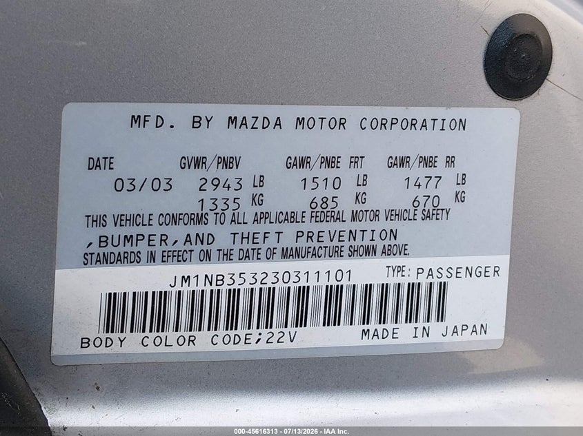 2003 Mazda Mx-5 Miata Cloth/Ls/Se/Shinsen VIN: JM1NB353230311101 Lot: 45616313