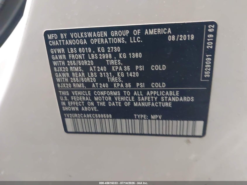 2019 Volkswagen Atlas 3.6L V6 Se W/Technology VIN: 1V2UR2CA9KC599598 Lot: 45616333
