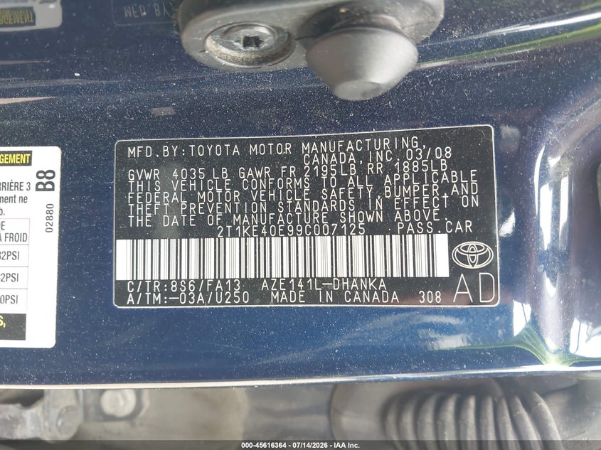 2009 Toyota Matrix S VIN: 2T1KE40E99C007125 Lot: 45616364