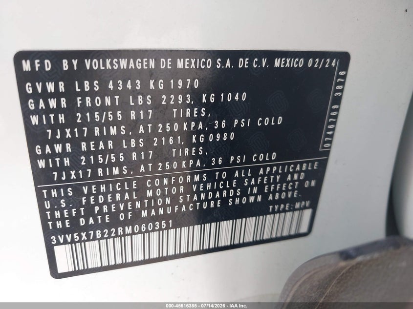 2024 Volkswagen Taos 1.5T S VIN: 3VV5X7B22RM060351 Lot: 45616385