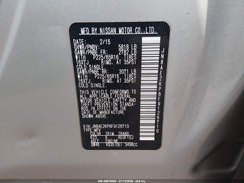 2015 Nissan Quest Platinum/S/Sl/Sv VIN: JN8AE2KP6F9126710 Lot: 45616408
