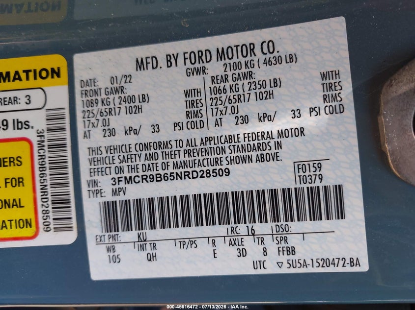 2022 Ford Bronco Sport Big Bend VIN: 3FMCR9B65NRD28509 Lot: 45616472
