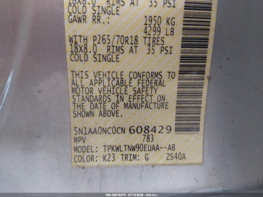 2012 Nissan Armada Sv VIN: 5N1AA0NC0CN608429 Lot: 45616475
