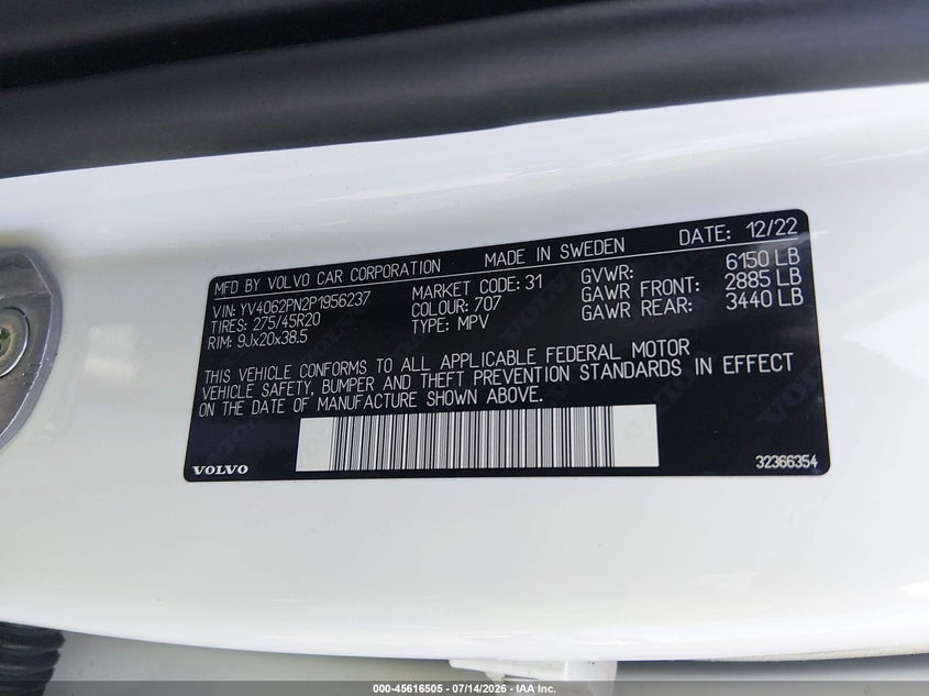 2023 Volvo Xc90 B6 Plus 7-Seater VIN: YV4062PN2P1956237 Lot: 45616505