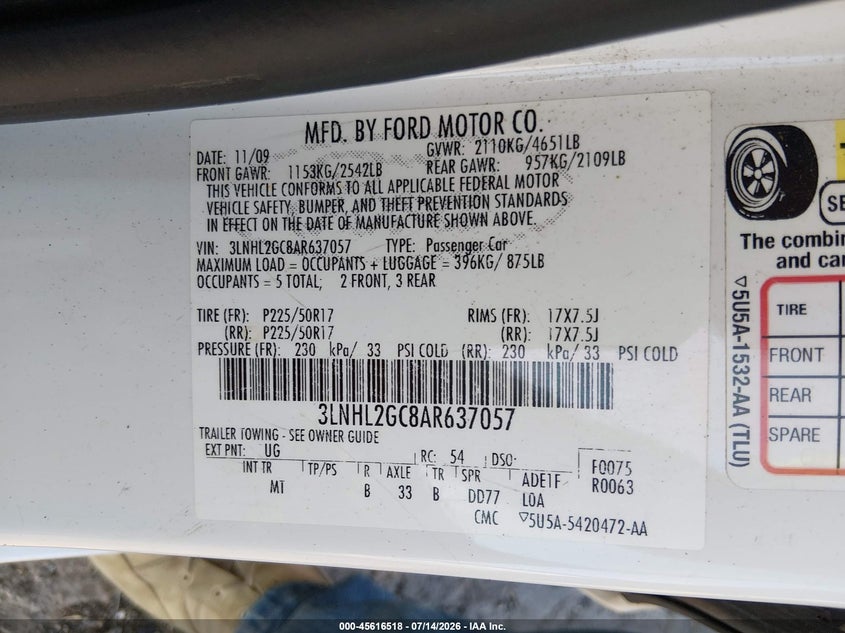 2010 Lincoln Mkz VIN: 3LNHL2GC8AR637057 Lot: 45616518