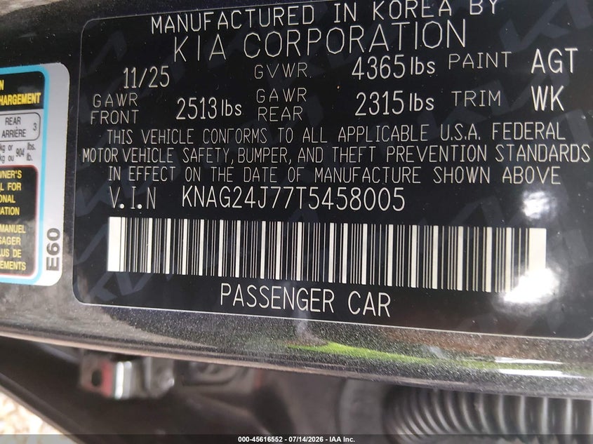 KIA K5 2026 VIN KNAG24J77T5458005