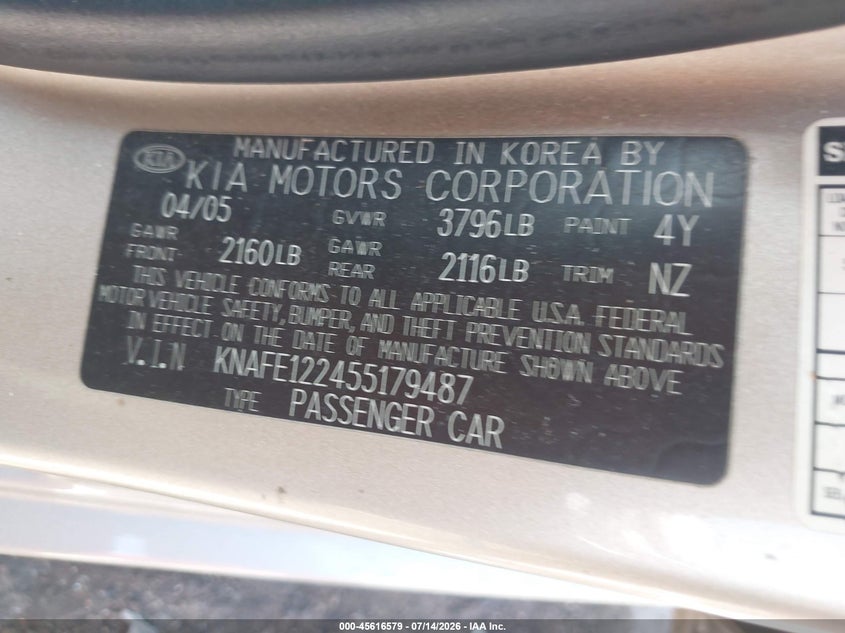2005 Kia Spectra Ex/Lx/Sx VIN: KNAFE122455179487 Lot: 45616579