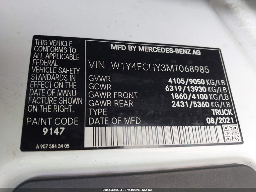 2021 Mercedes-Benz Sprinter 2500 High Roof V6 VIN: W1Y4ECHY3MT068985 Lot: 45616584