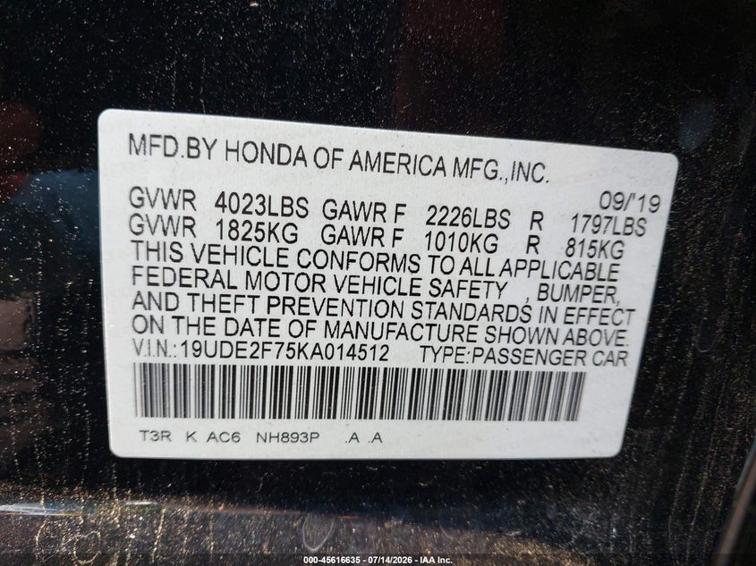 2019 Acura Ilx Premium Package/Technology Package VIN: 19UDE2F75KA014512 Lot: 45616635