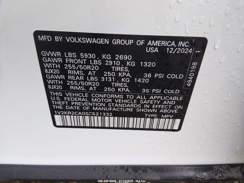2025 Volkswagen Atlas 2.0T Se W/Technology VIN: 1V2KR2CA0SC521332 Lot: 45616646