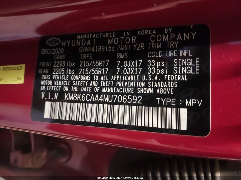 2021 Hyundai Kona Sel Plus VIN: KM8K6CAA4MU706592 Lot: 45616695
