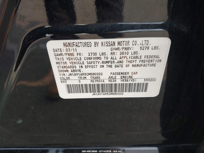 2012 Infiniti M56X VIN: JN1AY1AR5CM580202 Lot: 45616698