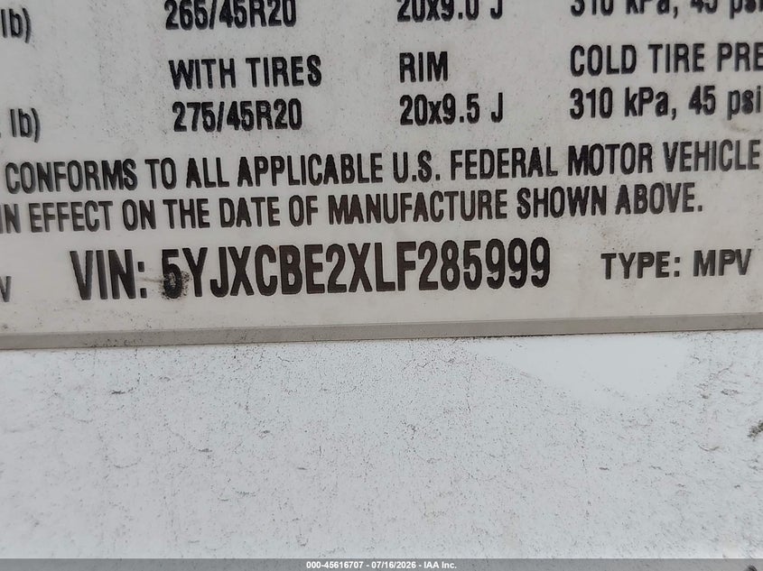 2020 Tesla Model X Long Range Dual Motor All-Wheel Drive/Long Range Plus Dual Motor All-Wheel Drive VIN: 5YJXCBE2XLF285999 Lot: 45616707