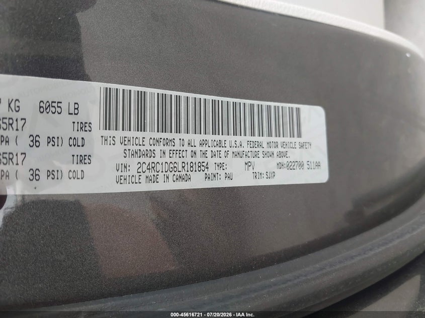 2020 Chrysler Voyager Lxi VIN: 2C4RC1DG6LR181854 Lot: 45616721