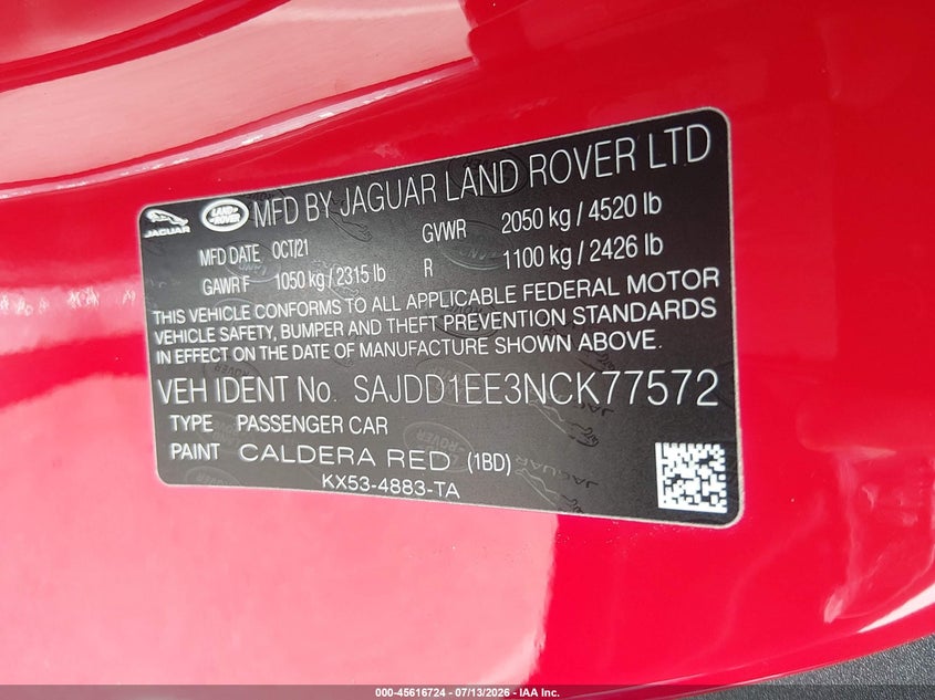 2022 Jaguar F-Type P450 Rwd Automatic VIN: SAJDD1EE3NCK77572 Lot: 45616724