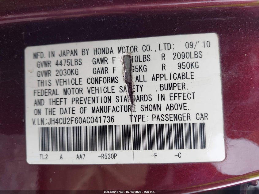 2010 Acura Tsx 2.4 VIN: JH4CU2F60AC041736 Lot: 45616749