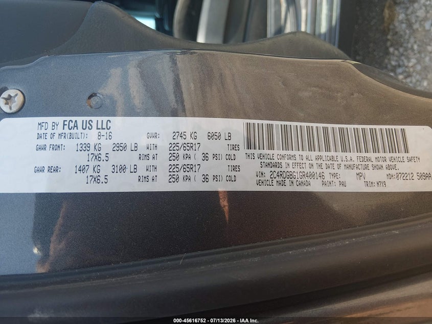 2016 Dodge Grand Caravan Se Plus VIN: 2C4RDGBG1GR400146 Lot: 45616752
