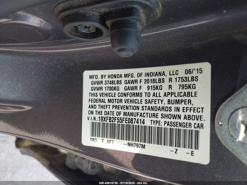 2015 HONDA CIVIC SEDAN 1.8L I-4 VVT, 143HP
