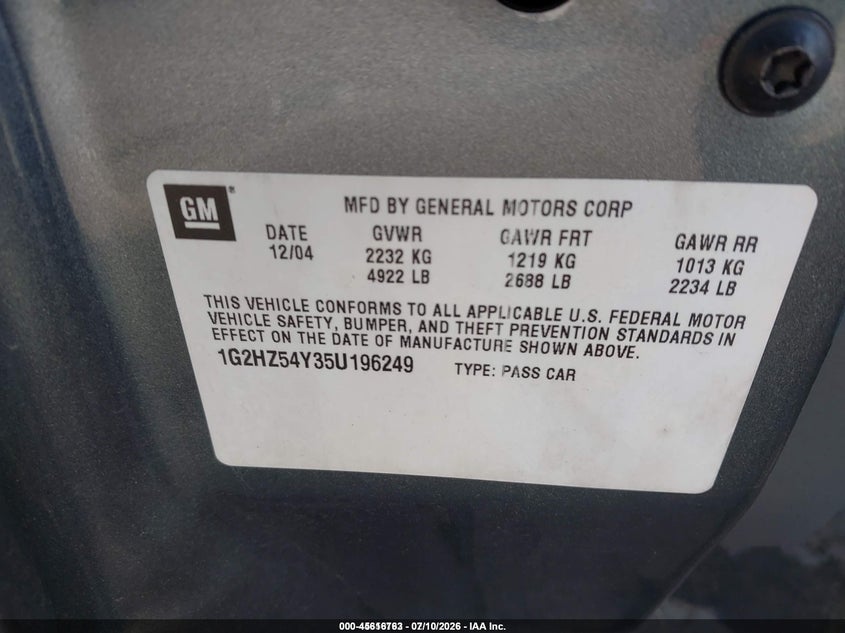 2005 Pontiac Bonneville Gxp VIN: 1G2HZ54Y35U196249 Lot: 45616763