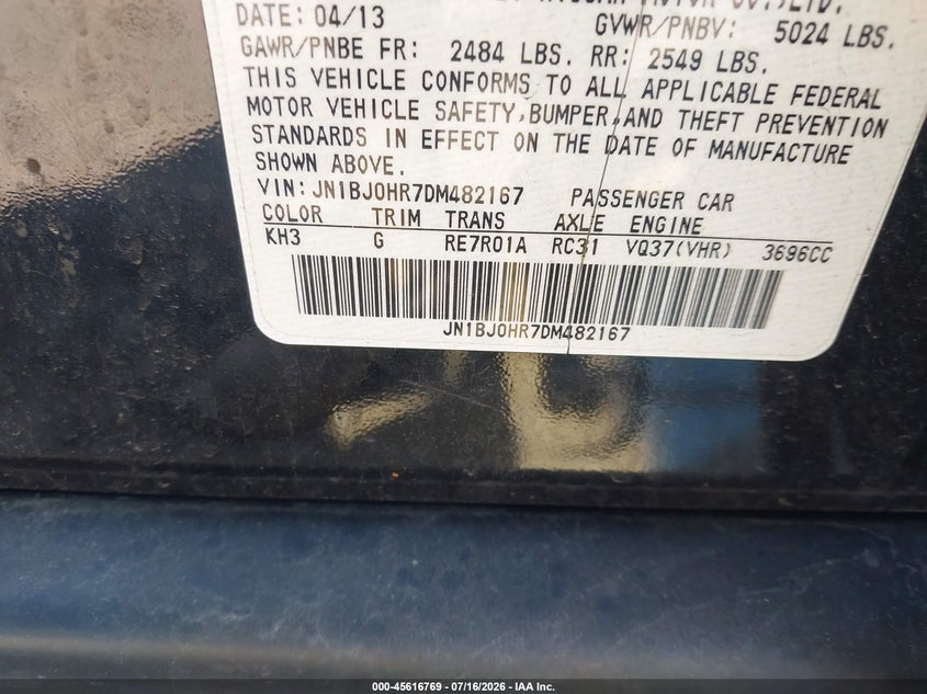 2013 Infiniti Ex37 Journey VIN: JN1BJ0HR7DM482167 Lot: 45616769
