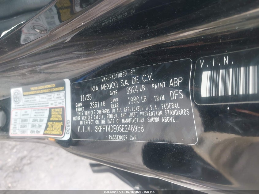 2025 Kia K4 Lx VIN: 3KPFT4DE0SE246958 Lot: 45616775