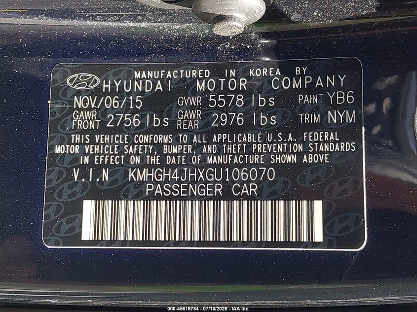 2016 Hyundai Equus Signature VIN: KMHGH4JHXGU106070 Lot: 45616784