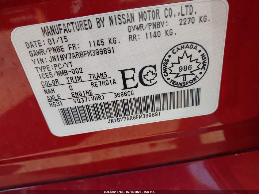 2015 Infiniti Q50 Premium/Sport VIN: JN1BV7AR8FM399891 Lot: 45616788