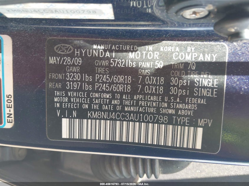 2010 Hyundai Veracruz Limited VIN: KM8NU4CC3AU100798 Lot: 45616793