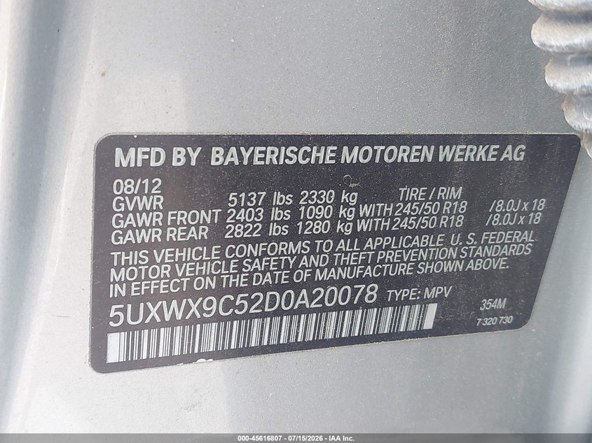 2013 BMW X3 xDrive28I VIN: 5UXWX9C52D0A20078 Lot: 45616807