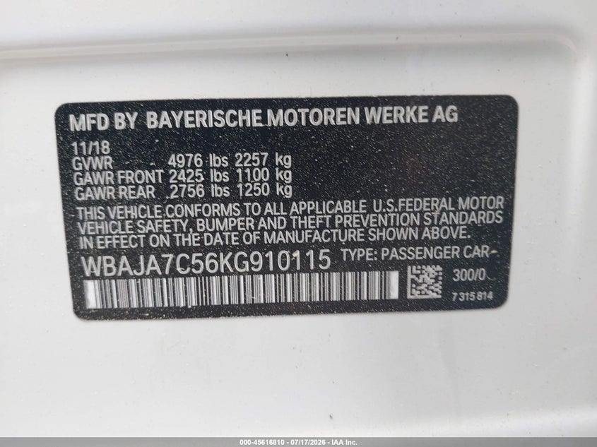 2019 BMW 5 Series 530I xDrive VIN: WBAJA7C56KG910115 Lot: 45616810