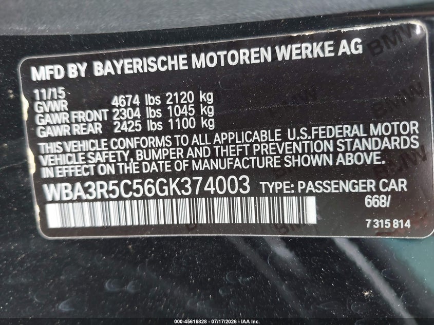 2016 BMW 435I xDrive VIN: WBA3R5C56GK374003 Lot: 45616828