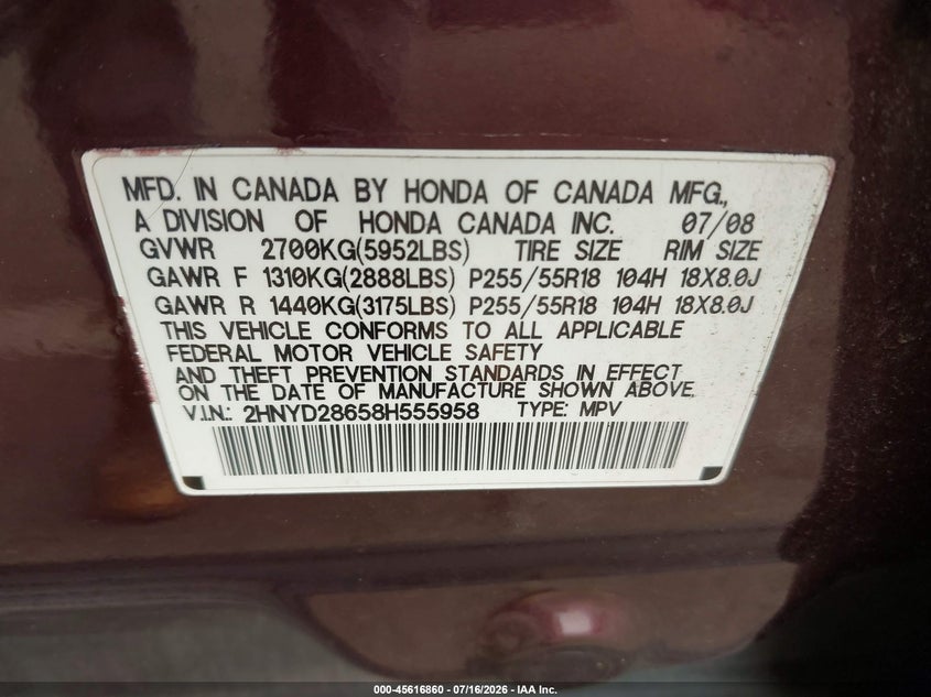 2008 Acura Mdx Technology Package VIN: 2HNYD28658H555958 Lot: 45616860